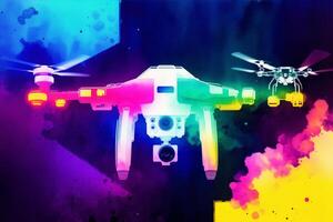 Drone quadcopter with digital camera on colorful background. Watercolor paint. Digital art, photo