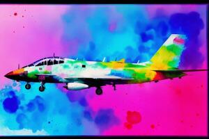 Airplane on colorful watercolor background. Airplane in the sky.Watercolor paint. Digital art, photo