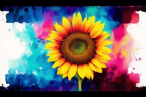 Sunflower on a multicolored background with a place for text. Watercolor paint. Digital art, photo