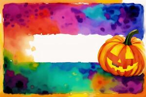 Halloween postcard. Halloween background with pumpkins and watercolor splash. Watercolor paint. Digital art, photo