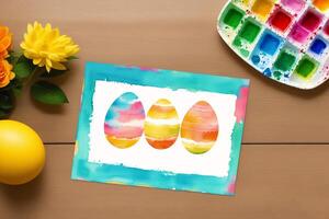 Easter postcard. Colorful easter eggs and watercolor paints on a wooden background. Watercolor paint. Digital art, photo