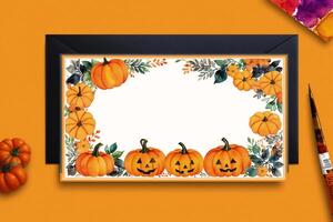 Halloween postcard. Halloween background with pumpkins and watercolor splash. Watercolor paint. Digital art, photo