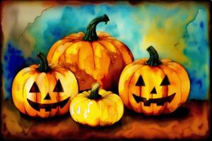 Halloween postcard. Halloween background with pumpkins and watercolor splash. Watercolor paint. Digital art, photo