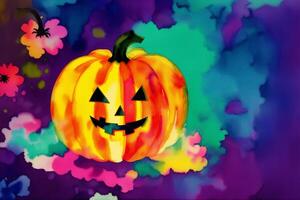 Halloween postcard. Halloween background with pumpkins and watercolor splash. Watercolor paint. Digital art, photo