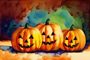 Halloween postcard. Halloween background with pumpkins and watercolor splash. Watercolor paint. Digital art, photo