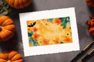 Halloween postcard. Halloween background with pumpkins and watercolor splash. Watercolor paint. Digital art, photo