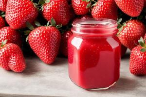 Strawberry jam in a glass jar with fresh strawberries, closeup. Healthy food concept. photo