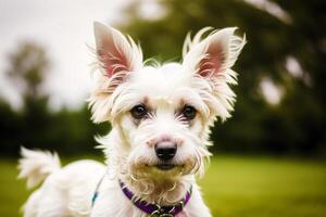 Cute West Highland White Terrier dog standing in the park. photo