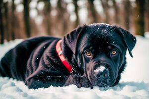 Portrait of a black labrador retriever dog in the park. Generative AI photo