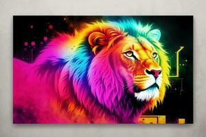 Lion, art illustration color abstract painting design on the black background.Digital art, Generative AI photo