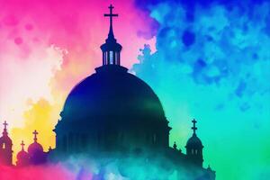 Church silhouette on a colorful background. Abstract colorful background. Watercolor paint. Digital art, photo