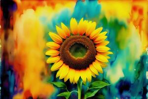 Sunflower on a multicolored background with a place for text. Watercolor paint. Digital art, photo