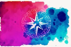 Compass on watercolor background with space for your text or image. Digital art, photo