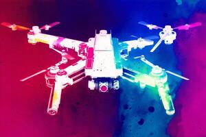 Drone quadcopter with digital camera on colorful background. Watercolor paint. Digital art, photo