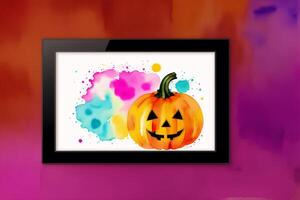 Halloween postcard. Halloween background with pumpkins and watercolor splash. Watercolor paint. Digital art, photo