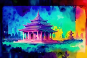 Chinese ancient temple. Digital painting..Watercolor paint. Digital art, photo