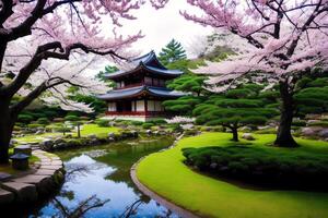 Japanese temple in spring with blooming cherry tree. Digital painting..Watercolor paint. Digital art, photo