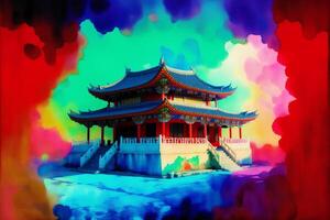 Chinese ancient temple. Digital painting..Watercolor paint. Digital art, photo