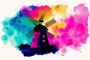 Old windmill on colorful watercolor background. Watercolor paint. Digital art, photo