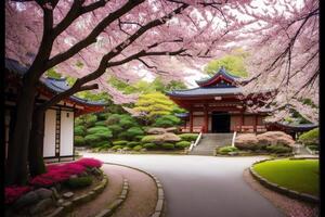 Japanese temple in spring with blooming cherry tree. Digital painting..Watercolor paint. Digital art, photo