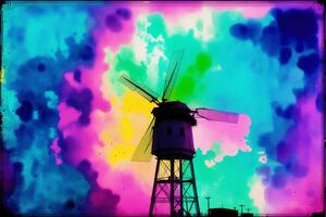 Old windmill on colorful watercolor background. Watercolor paint. Digital art, photo