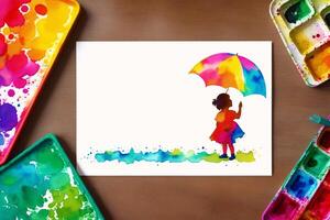 Childrens Day postcard. Childrens Day background. Watercolor paint. Digital art, photo