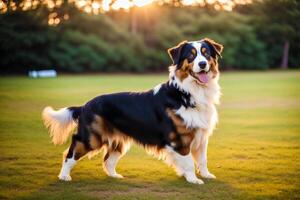 Portrait of a beautiful Australian Shepherd dog standing on the green grass in the park. photo