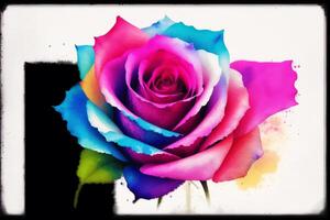 Colorful watercolor background with a rose in the center and a place for your text. Watercolor paint. Digital art, photo