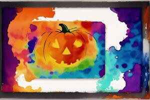 Halloween postcard. Halloween background with pumpkins and watercolor splash. Watercolor paint. Digital art, photo