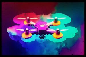 Drone quadcopter with digital camera on colorful background. Watercolor paint. Digital art, photo