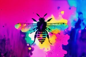 Illustration of a bee on a colorful background with flowers and blots. Digital art, photo