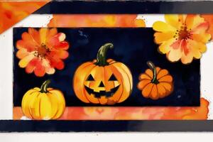 Halloween postcard. Halloween background with pumpkins and watercolor splash. Watercolor paint. Digital art, photo