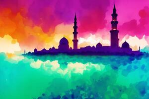 Silhouette of mosque on colorful background. Ramadan Kareem. Abstract colorful background. Watercolor paint. Digital art, photo