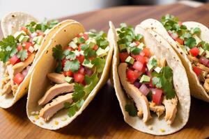 Mexican tacos with salmon, avocado, cilantro, onion and sauce. Mexican food. photo
