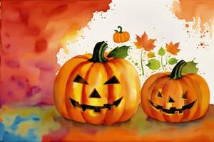 Halloween postcard. Halloween background with pumpkins and watercolor splash. Watercolor paint. Digital art, photo