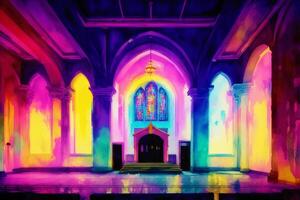 Interior of a church with colorful stained glass windows. Digital painting.Watercolor paint. Digital art, photo