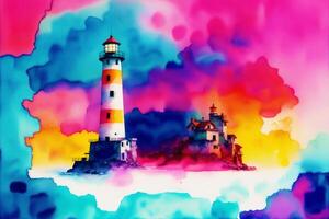 Lighthouse on the background of the sea. Digital painting.Watercolor paint. Digital art, photo