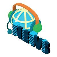 Flash news icon isometric vector. Planet grid in headphones and inscription news vector
