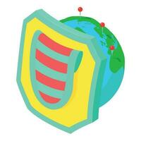 Multicolored shield icon isometric vector. Bright shield on planet background vector