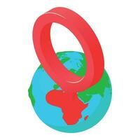 Gps tag icon isometric vector. Planet earth globe with big red gps pin symbol vector