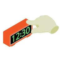 Digital clock icon isometric vector. Led digital alarm clock and human hand icon vector