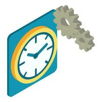 Timepiece icon isometric vector. Round wall mechanical clock and two gear icon vector