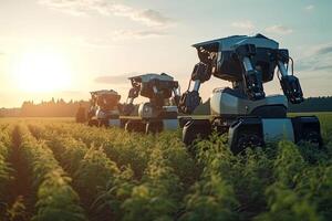 Unmanned robot working in agricultural field. photo