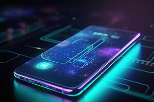 Mobile phone on abstract futuristic neon colored background. photo