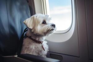 perro cerca ventana en tablero un avión de viaje con mascotas. generativo ai foto