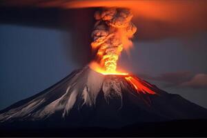 volcán erupción. lava fluye fuera de el volcán cráter. generativo ai foto