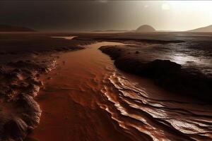Red planet landscape with water in soil. Mars colonization. Generative AI photo