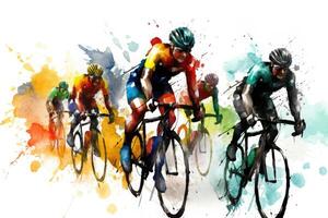 Cyclists team riding on bicycles, color drawing. Bike race banner. photo