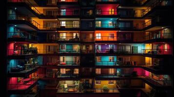 Front view of building facade with colorful windows at night. photo