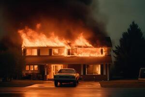 Burning house in suburb. Residential house in fire. photo